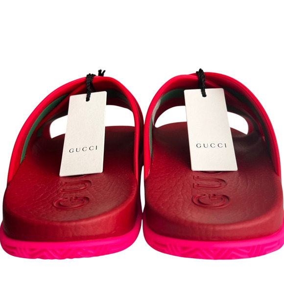 Gucci Red Green Striped Web Accent Rubber Sandals, IT37/US7 - Picture 7 of 16